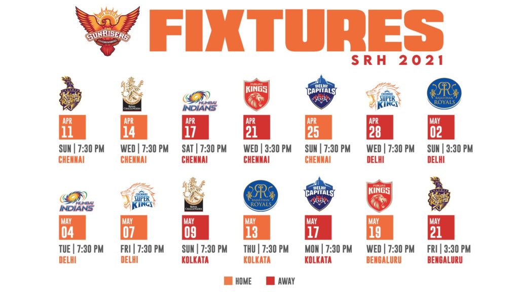 Sunrisers Hyderabad IPL 2021 Schedule