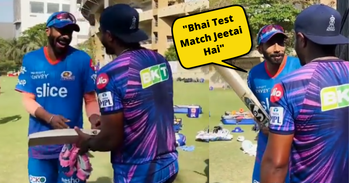 [Watch]- “Bhai Test Match Jeetai Hai”- Jasprit Bumrah And Sanju Samson Engage In A Hilarious Chat Ahead Of MI vs RR Clash