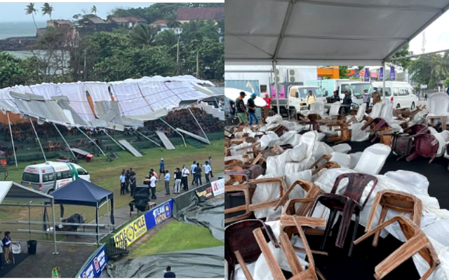 Rain Causes Heavy Damage To The Makeshift Stand Of Galle International Stadium