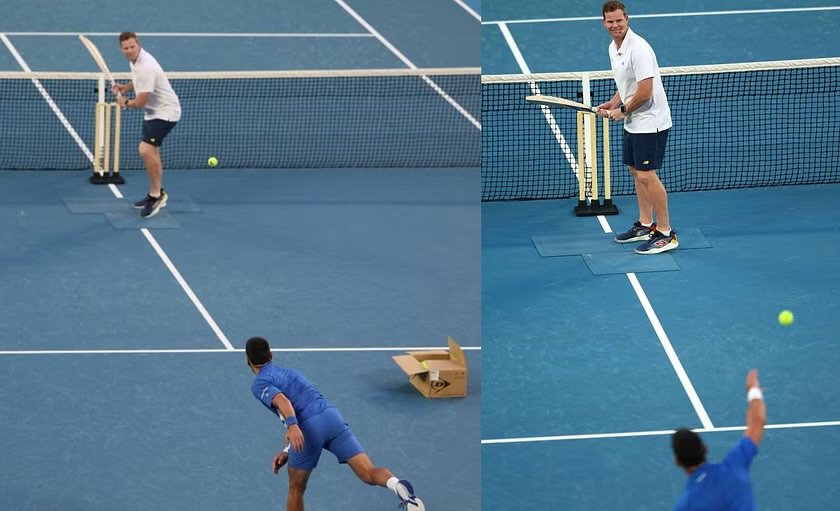 [WATCH] Renowned Tennis Player Novak Djokovic And Steve Smith Play Cricket In Tennis Court