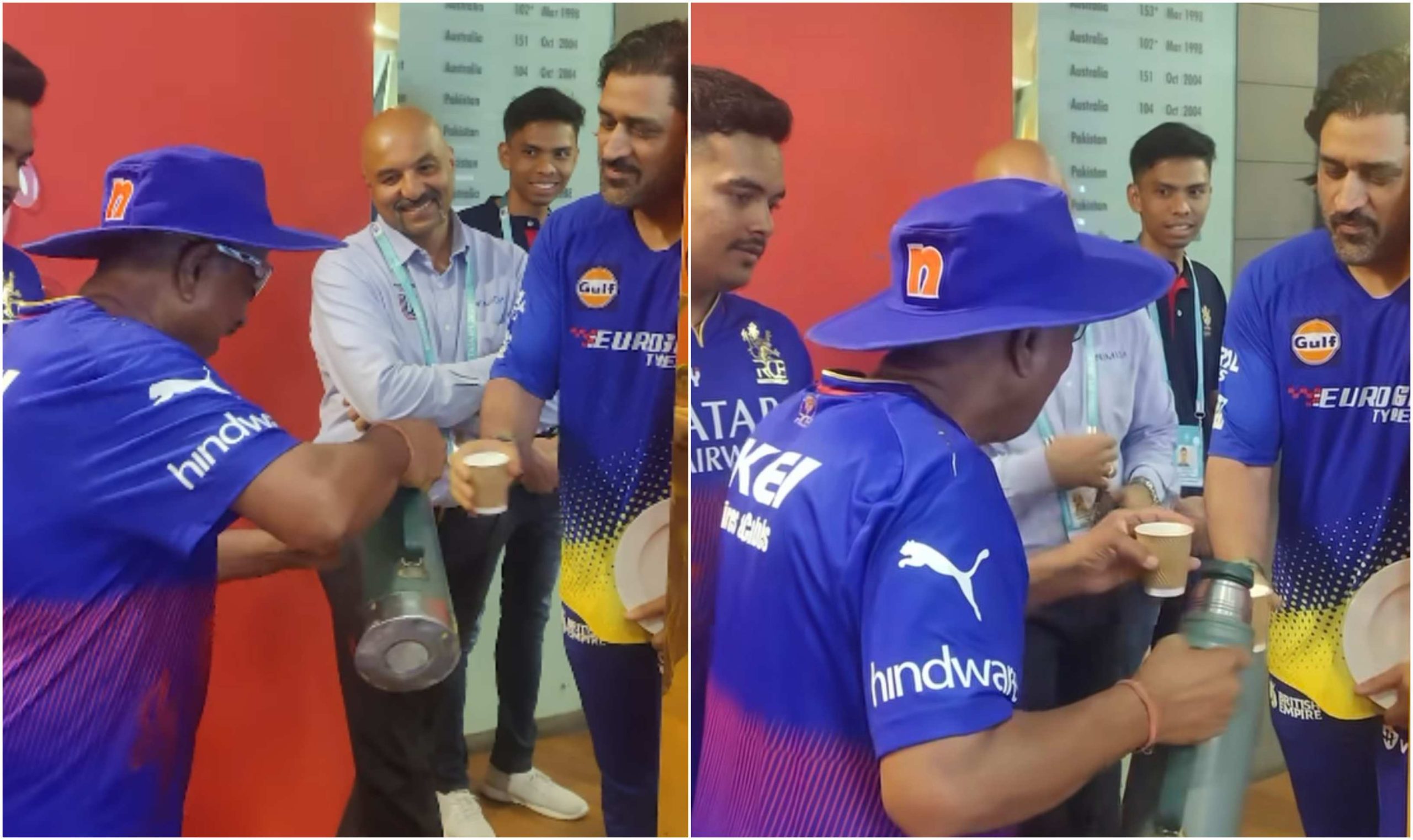 [WATCH]- MS Dhoni Visits The RCB Dressing Room And Receives A Warm Greeting With A Hot Cup Of Tea