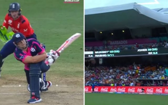 [WATCH]: Scotland’s George Munsey Hits An 84-Metre Reverse Slog Sweep Six Off Adil Rashid In The T20 World Cup Match Against England