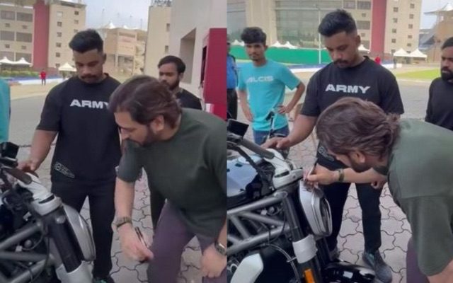 [WATCH]- MS Dhoni Interacts With Fans And Signs An Autograph On The Bike