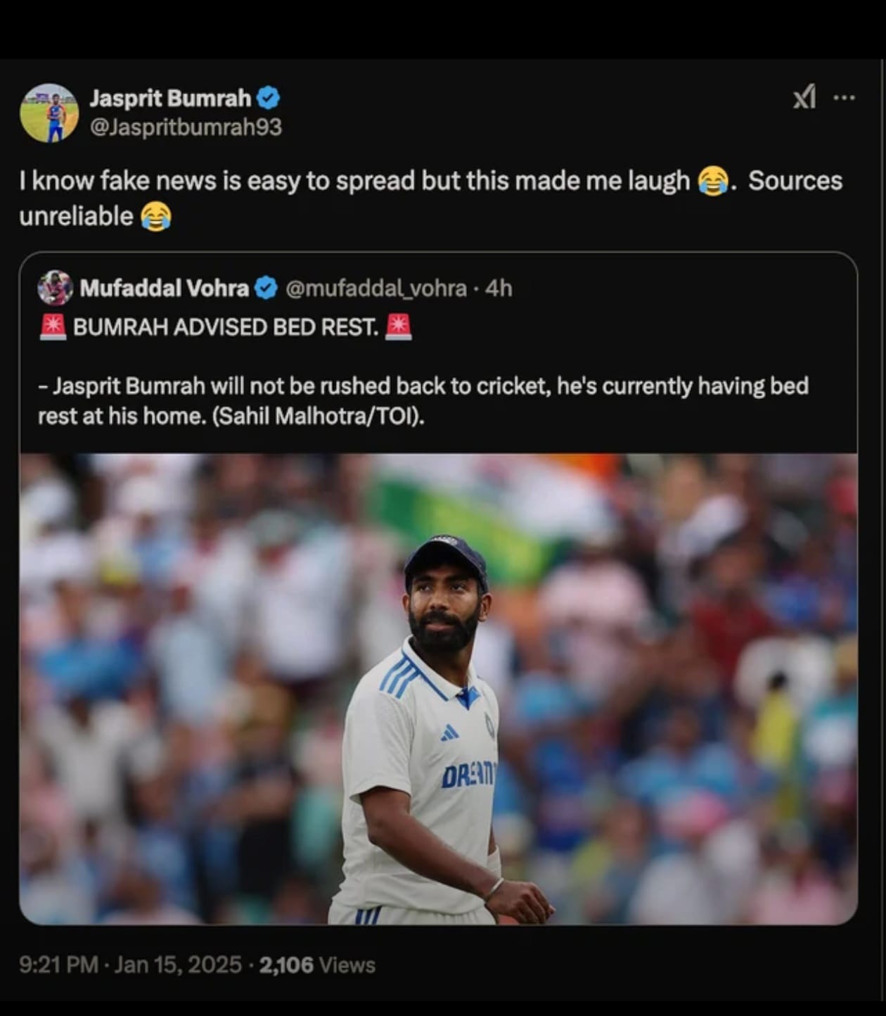 Jasprit Bumrah’s reaction to a post on X.
