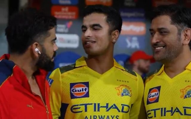 [Watch]: MS Dhoni Bursts into Laughter at CSK Youngster’s Quirky Demand to Virat Kohli During Photoshoot
