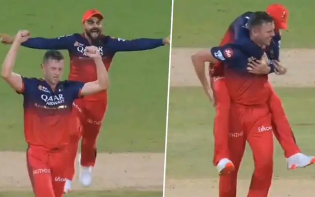 [WATCH]- Virat Kohli Jumps On Josh Hazlewood To Celebrate Ruturaj Gaikwad’s Wicket In IPL 2025