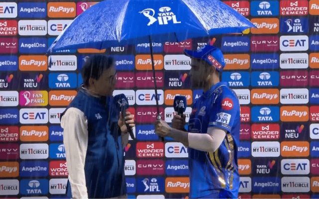 [WATCH]- Suryakumar Yadav Brings Umbrella For Post-Match Chat In Rain-Soaked MI vs DC IPL 2025 Match