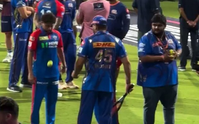 [WATCH]- Rohit Sharma, Kuldeep Yadav Delight Fans By Tossing Tennis Balls After MI vs DC IPL 2025 Match