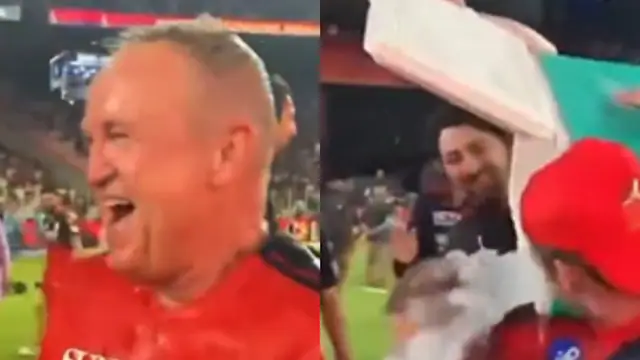 [WATCH] RCB Stars Pull Off Fun Water Prank on Coach During Title Celebrations